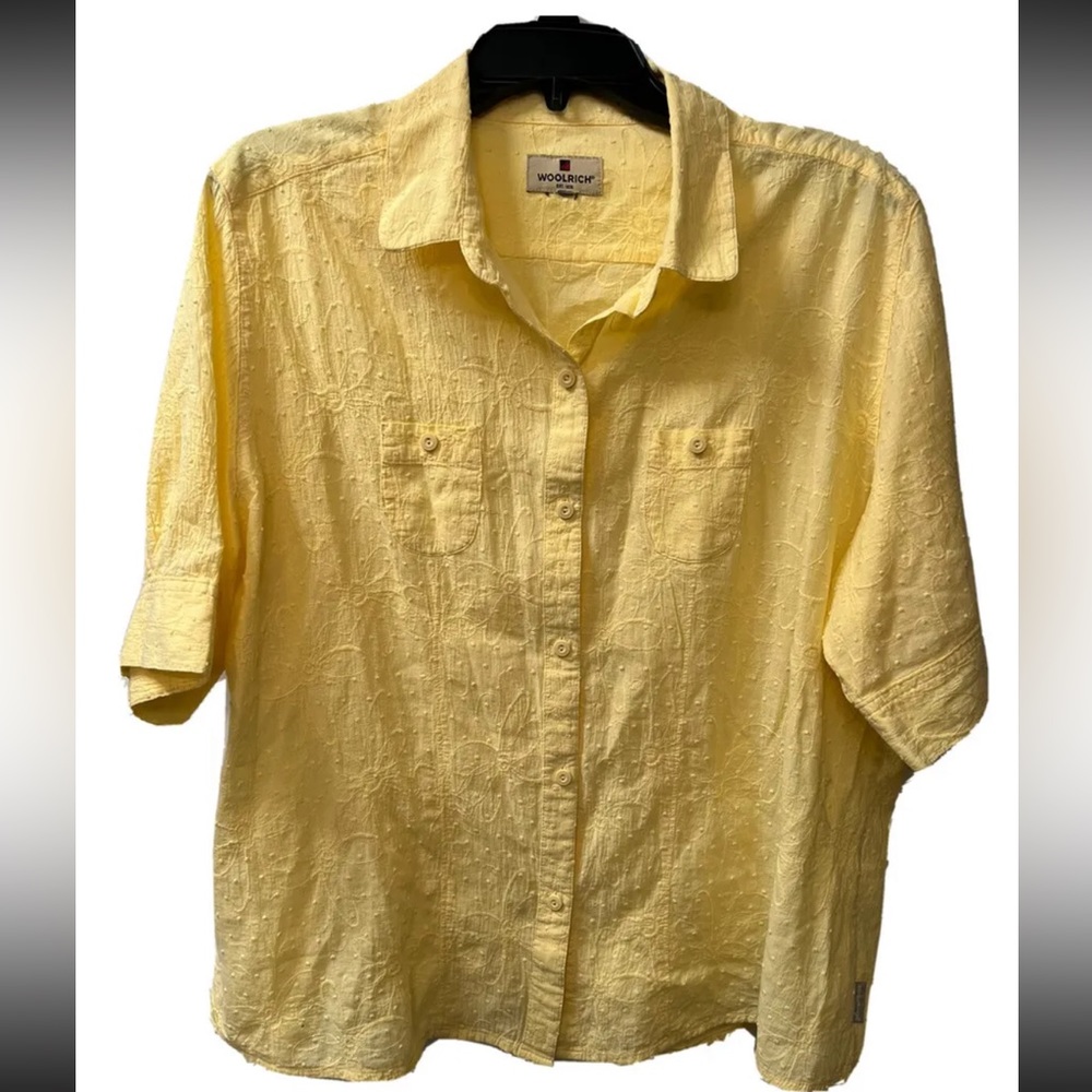 Woolrich Shirt Womens XL Yelllow “Sunlight” Short Sleeve Cotton Floral Textured